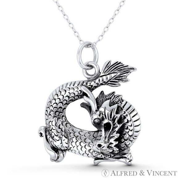 Chinese Dragon Shenlong Feng Shui Pendant in Oxidized .925 Sterling Silver - Picture 1 of 1